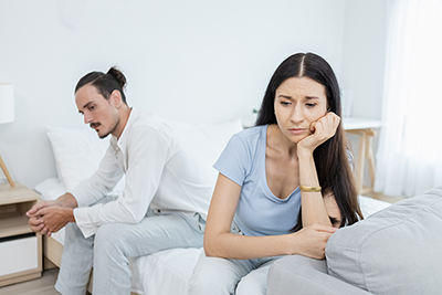 Conflict in married life. family problems Wife is dissatisfied with her husband. frustrated woman unhappy. Not satisfied with each other. Couples have different opinions on life. Reason for breakup.